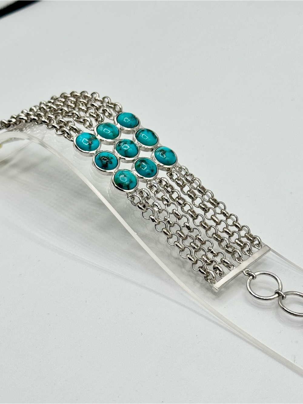 Persian Turquoise Gemstone Multi-Chain Sterling Silver Bracelet